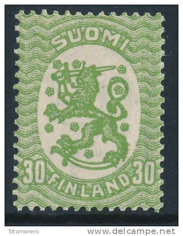 FINLAND/Finnland 1925 Def. 30p Yellow-green Lion Wmk Swastika, Perf 14¼ X 14** MNH - Ungebraucht