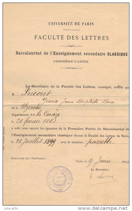 Faculté Des Lettres Baccalauréat Classique 1ère Et Seconde Partie Lettres Philosophie 1899 Et 1902 - Non Classés