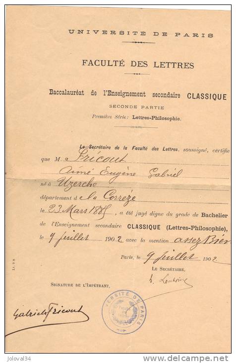 Faculté Des Lettres Baccalauréat Classique 1ère Et Seconde Partie Lettres Philosophie 1899 Et 1902 - Non Classés