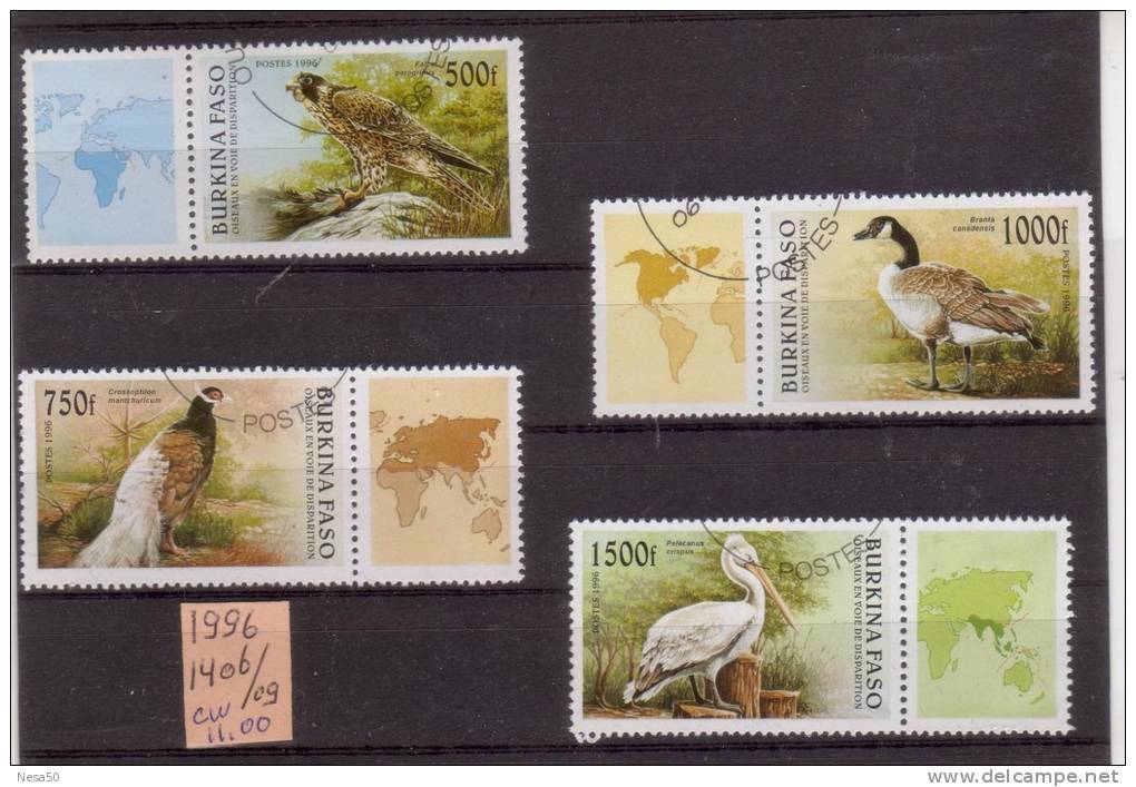 Burkina Faso 1996 Mi Nr 1406-1409 Dieren Vogels, Birds,animals  Met Tab - Burkina Faso (1984-...)