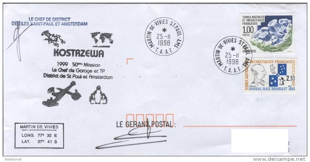 TAAF ENV MARTIN DE VIVIES DU 25/11/1998 CACHET MISSION KOSTAZEWA 1999 - Ungebraucht