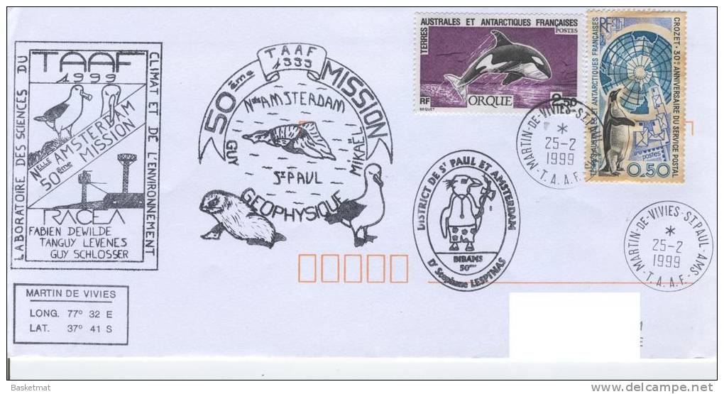 TAAF ENV MARTIN DE VIVIES DU 25/2/1999 3 CACHETS NOUVELLE AMSTERDAM 50° MISSION GEOPHYSIQUE - Unused Stamps