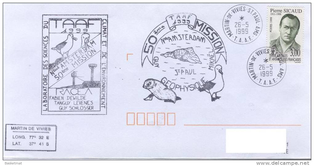 TAAF ENV MARTIN DE VIVIES DU 26/5/1999 1 CACHET 50° MISSION GEOPHYSIQUE - Unused Stamps