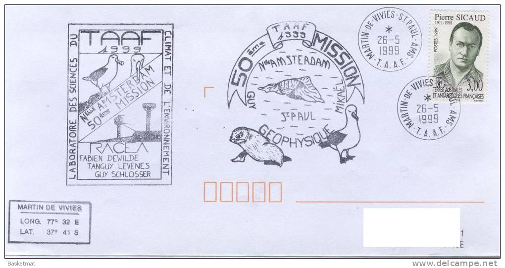 TAAF ENV MARTIN DE VIVIES DU 26/5/1999 2 CACHETS 50° MISSION GEOPHYSIQUE - Unused Stamps