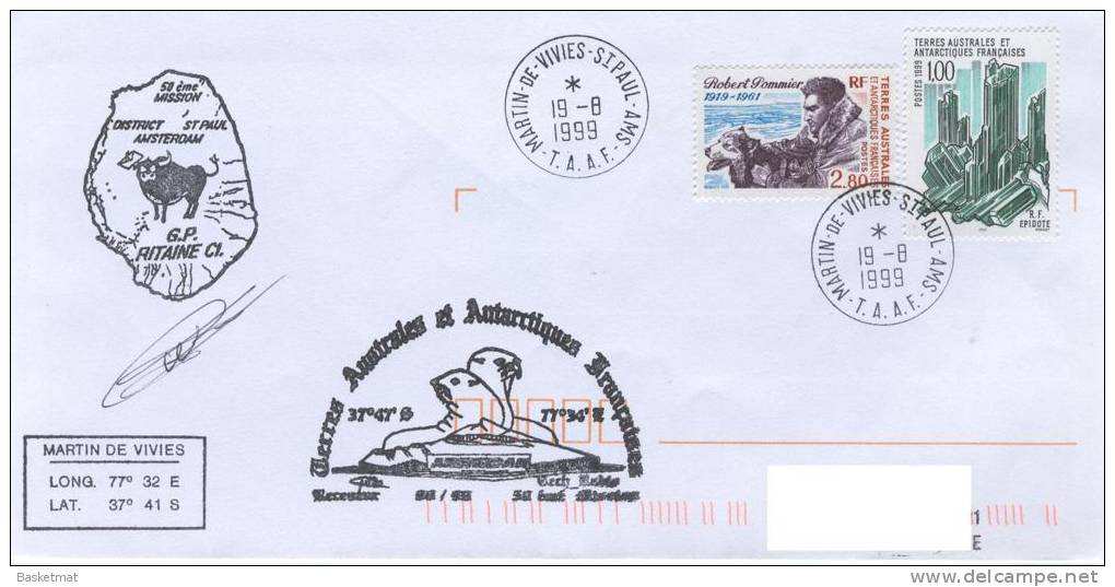 TAAF ENV MARTIN DE VIVIES DU 19/8/1999 2 CACHETS  MISSION GP RITAINE - Unused Stamps