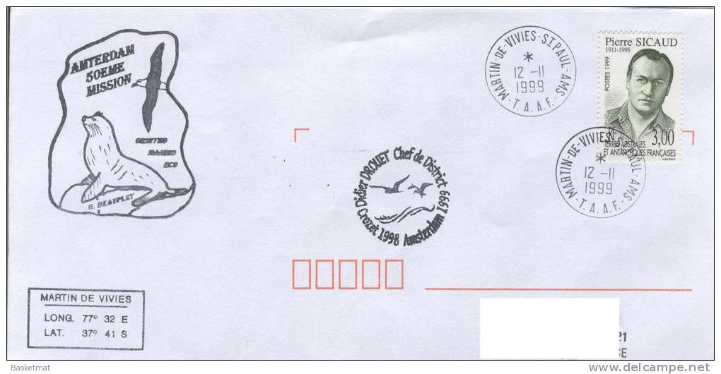 TAAF ENV MARTIN DE VIVIES DU 19/11/1999 2 CACHETS   AMSTERDAM 50° MISSION - Unused Stamps