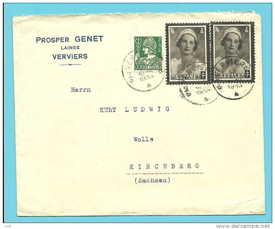 340+415 (surtaxe) Op Brief Met Stempel VERVIERS - 1932 Ceres And Mercurius