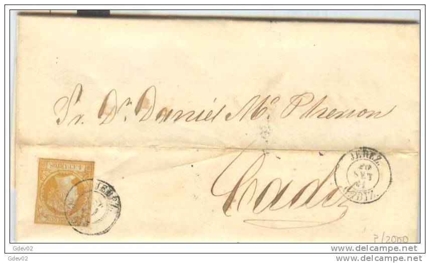 ESCA52-L3028.CARTA DE  JEREZ A CADIZ. 1861.(Ed 52) Mat Fecha Tipo Ll.(L)doble Estampacion.MUY BONITA - Briefe U. Dokumente