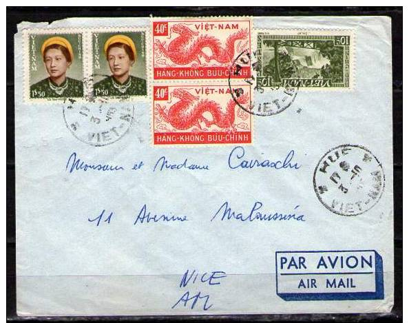 Enveloppe PAR AVION Pour La France Affranchie Avec N° 16 (2), N°1, Aérien 4 (2), Cachet à Date HUE. VIET-NAM. 3-10-1953 - Viêt-Nam