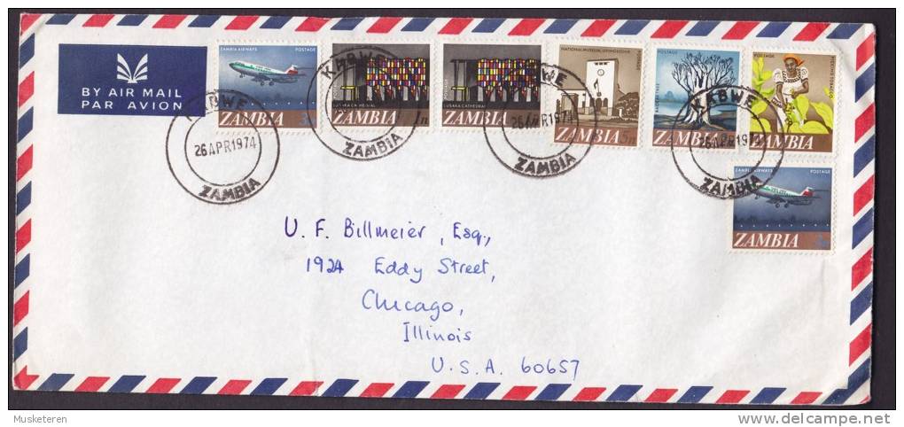 Zambia Airmail Par Avion Beauty Mult Franked KABWE 1974 Cover To CHICAGO United States - Zambie (1965-...)