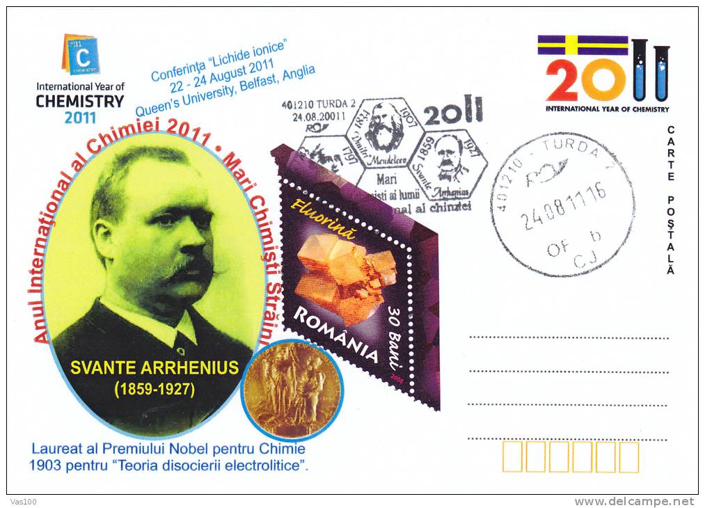 International Year Of Chemestry,Svante Arrhenius Nobel Prize In Chemestry 1903,card Oblit.concordante 2011Turda Romania - Chimie