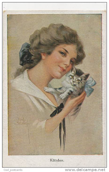 R. GNISCHAF, CAT, CHAT,  KATZE, GATTO, Lovely Young Woman With Tabby Kitten,  EX/NM Cond. Artist PC, Unused, 1910s - Gnischaf, Ruab