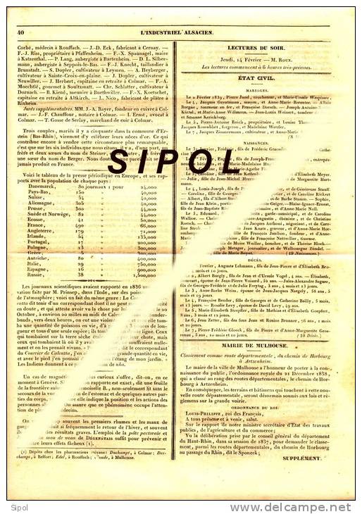 L Industriel Alsacien Journal De L Industrie, Du Commerce Et De L Agriculture N°6-9 Février 1839 5è Année - 1800 - 1849