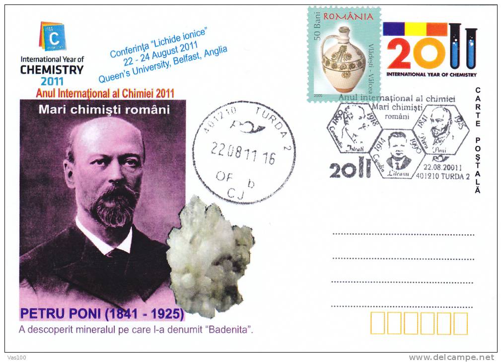 International Year Of Chemestry,P.Poni Chemist, Physicist And Mineralogist,card Oblit.concordante 2011Turda Romania - Chimie