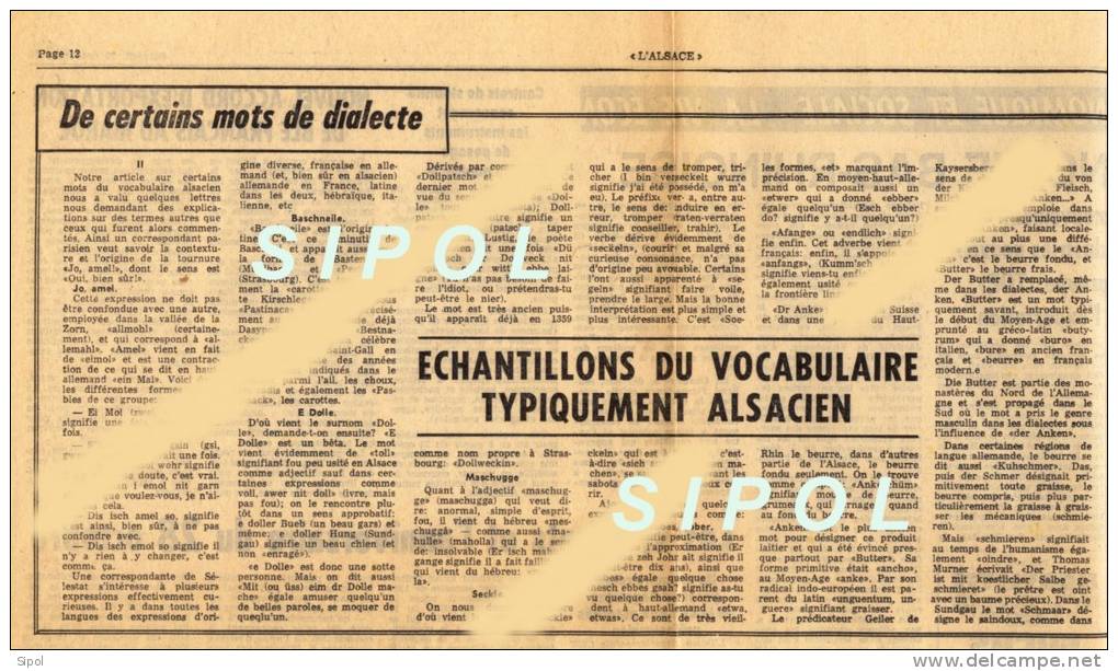 L Alsace Journal Du 23/10/66 Echantillon Du Vocabulaire Typiquement Alsacien TBE 36x 18.5 Cm - Alsace
