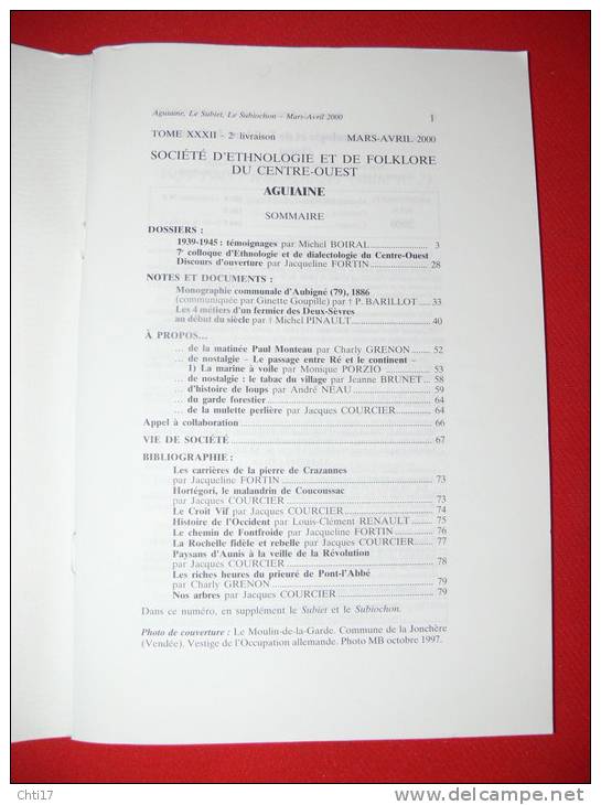 AGUIAINE SUBIET ET SUBIOCHON CRAZANNES PONT L ABBE  TOME XXXII  2E LIVRAISON  N 217   MARS AVRIL    2000  SOMMAIRE SCAN - Poitou-Charentes