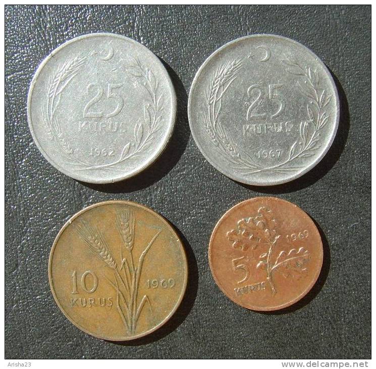 Turkey , 25 KURUS 1962 - 25 KURUS 1967 - 10 KURUS 1969 - 5 KURUS 1969 - Turkey