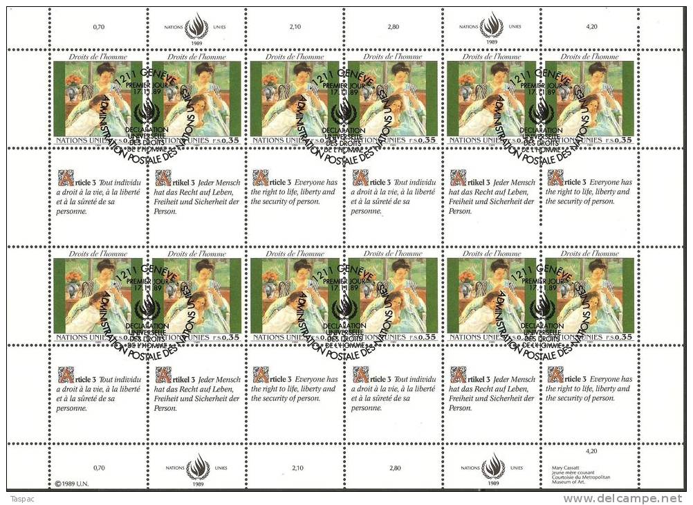 UN / Geneva 1989 Mi# 180-181 Used - Sheets Of 12+12 Se-tenant Labels  - Human Rights - Oblitérés
