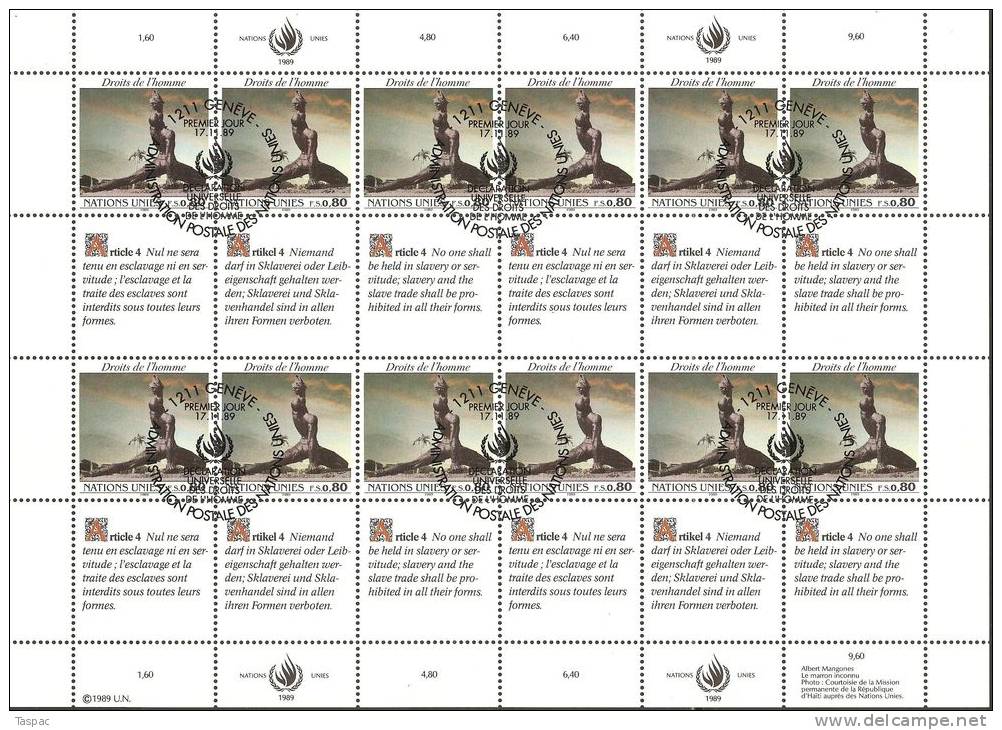 UN / Geneva 1989 Mi# 180-181 Used - Sheets Of 12+12 Se-tenant Labels  - Human Rights - Oblitérés