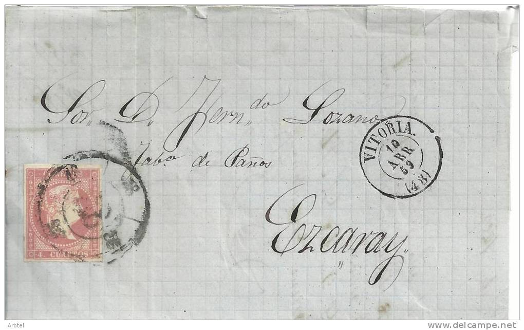 ENVUELTA DE VITORIA A EZCARAY LA RIOJA MAT VITORIA 10-4-1859 Y RUEDA DE CARRETA - Storia Postale