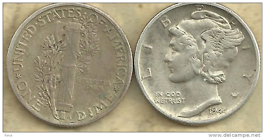 USA UNITED STATES 10 CENTS DIME EMBLEM FRONT MERCURY BACK 1944 AG SILVER READ DESCRIPTION CAREFULLY !!! - 1916-1945: Mercury (kwik)