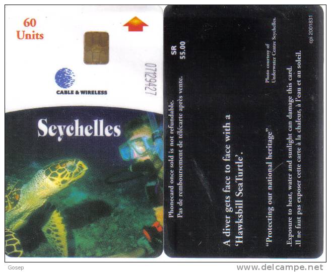 Seychelles-sey-c-02a-sea Turtle -reva-glossy-60units+used Card+1 Card Prepiad Free - Seychelles