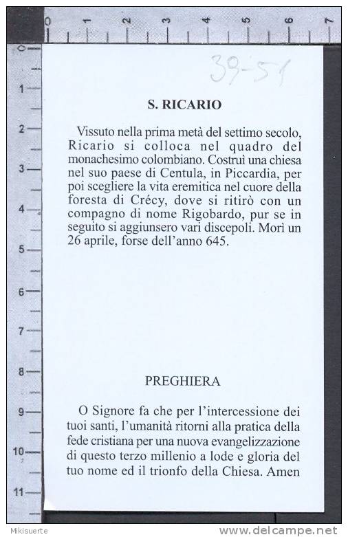 Xsa-39-51 S. San RICARIO CENTULA PICCARDIA CRECY Santino Holy Card - Religione & Esoterismo