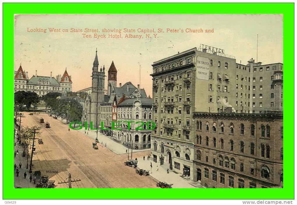 ALBANY, NY - LOOKING WEST STATE STREET, STATE CAPITOL, ST. PETER'S CHURCH, TEN EYCK HOTEL - ANIMATED - TRAVEL 1914 - - Albany