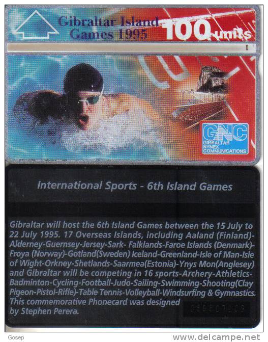 Gibraltar-gib-44-island Games(1995)(505l)-(100units)-tirage-7.000-used Card+1 Card Prepiad Free - Gibraltar