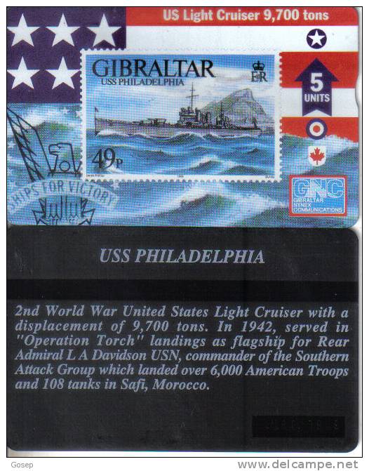 Gibraltar-gib-58-uss Philadelphia-(608l)-(5units)-tirage-5.000-mint+1 Card Prepiad Free - Gibilterra