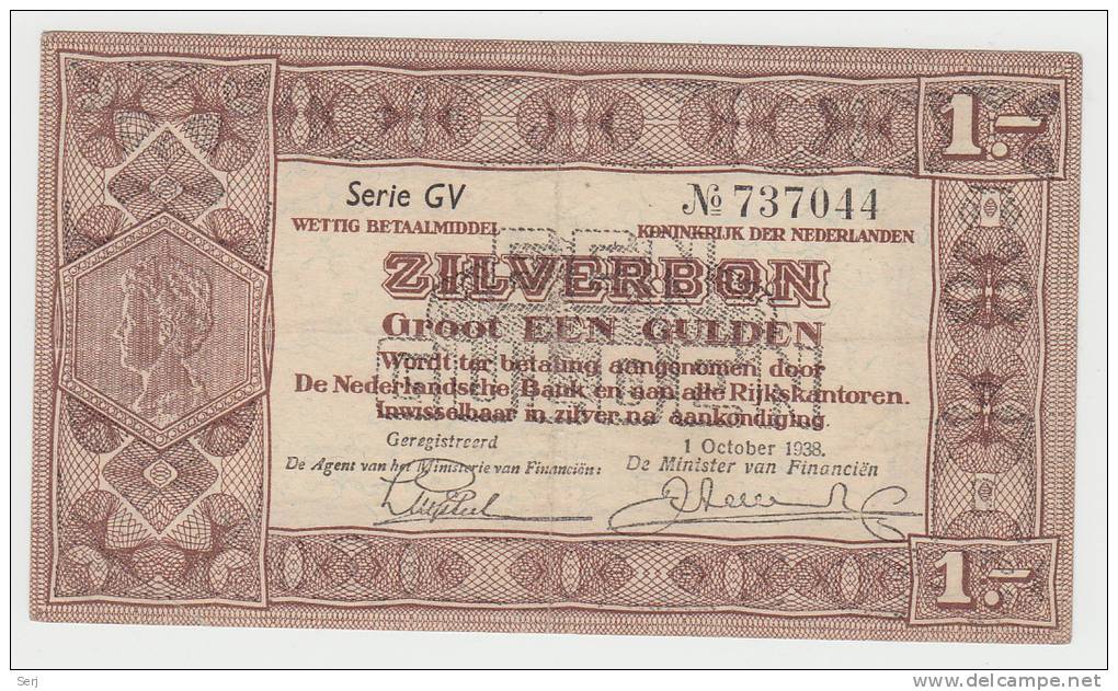 Netherlands 1 Gulden Zilverbon 1938 VF++ CRISP Banknote - 1 Florín Holandés (gulden)