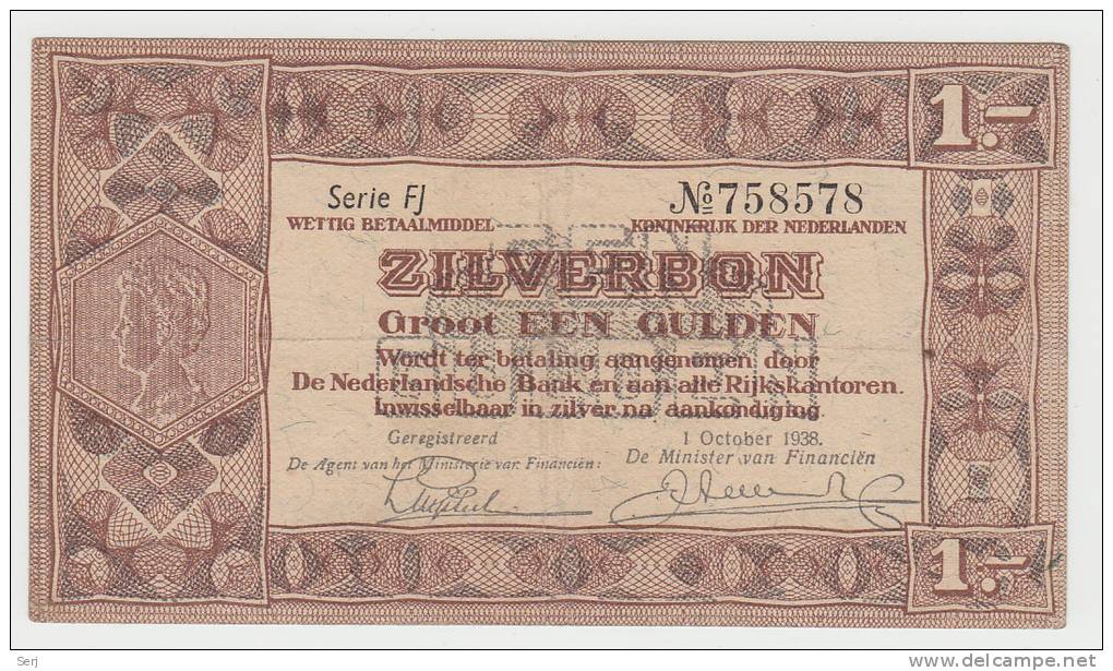 Netherlands 1 Gulden Zilverbon 1938 VF+ CRISP Banknote - 1 Gulden