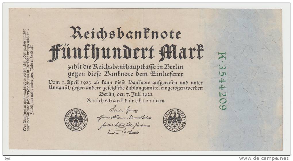 Germany 500 Mark 1922 VF++ Banknote (7 Green Digit) P 74b 74 B - 500 Mark