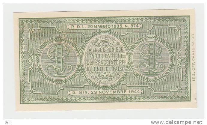 ITALY 1 Lire 1944 AUNC  P 29b 29 B - Italia – 1 Lira