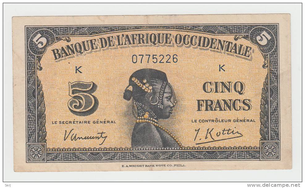 French West Africa 5 Francs 1942 VF++ Banknote P 28a 28 A - Sonstige – Afrika