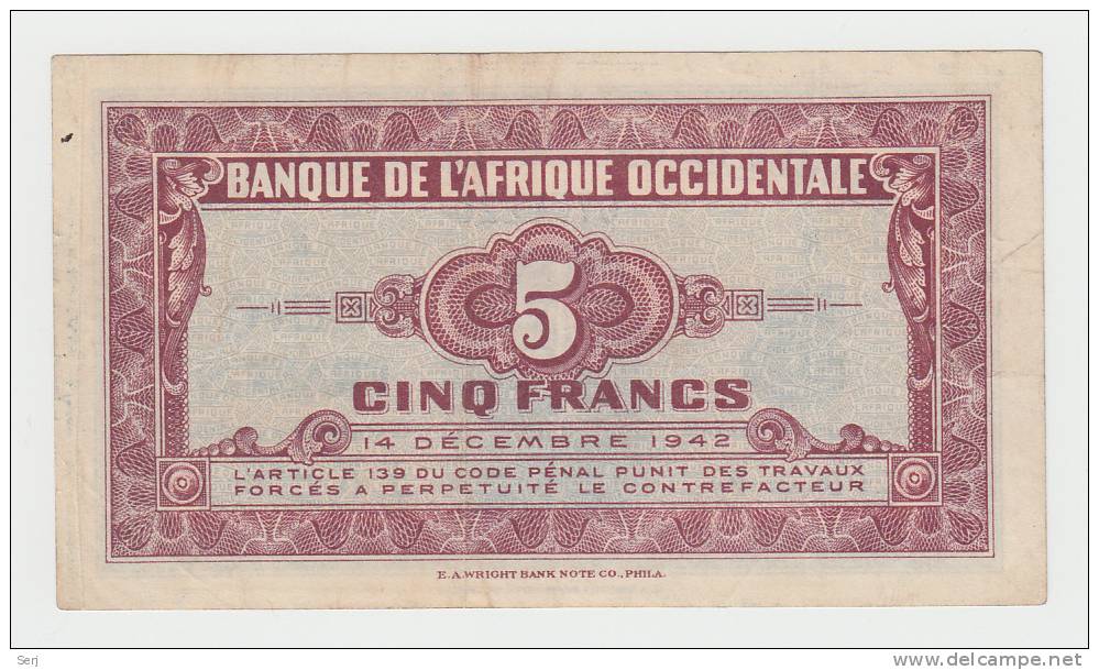 French West Africa 5 Francs 1942 VF++ Banknote P 28a 28 A - Other - Africa