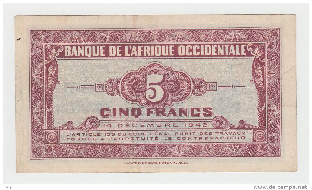 French West Africa 5 Francs 1942 VF++ Banknote P 28a 28 A - Altri – Africa