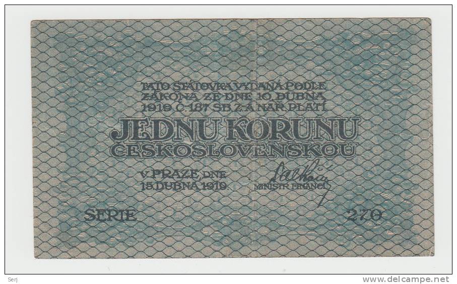 Czechoslovakia 1 Koruna 1919 VF++ RARE Banknote P 6a  6 A - Checoslovaquia