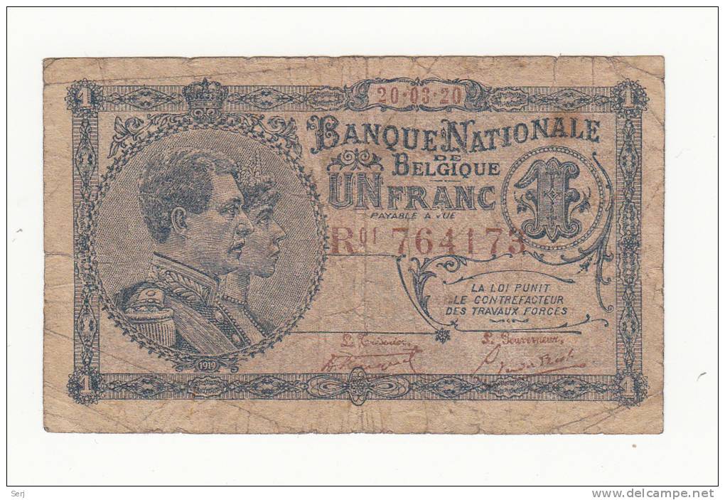 Belgium BELGIQUE 1 Franc 1920 VG-F RARE Banknote P 92 - 1 Franc