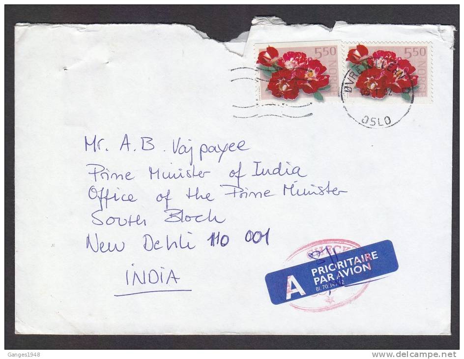 NORWAY 2002  COVER TO INDIA ..TECNICAL CHECK..CHECKED FOR ANTHRAX To PRIME MINISTER #22212 - Briefe U. Dokumente