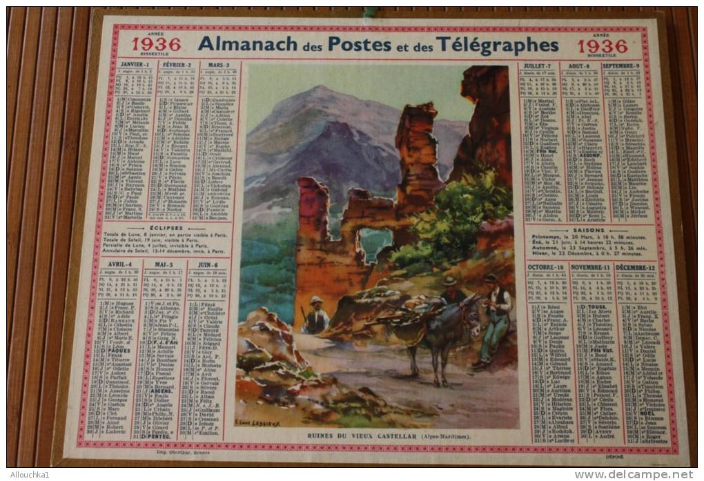 1936 DEPARTEMENT DOUBS CALENDRIER  ALMANACH:POSTES /TELEGRAPHE GD FORMAT RUINE VIEUX CASTELLAR 06  IMPR. OBERTHUR RENNES - Grand Format : 1921-40