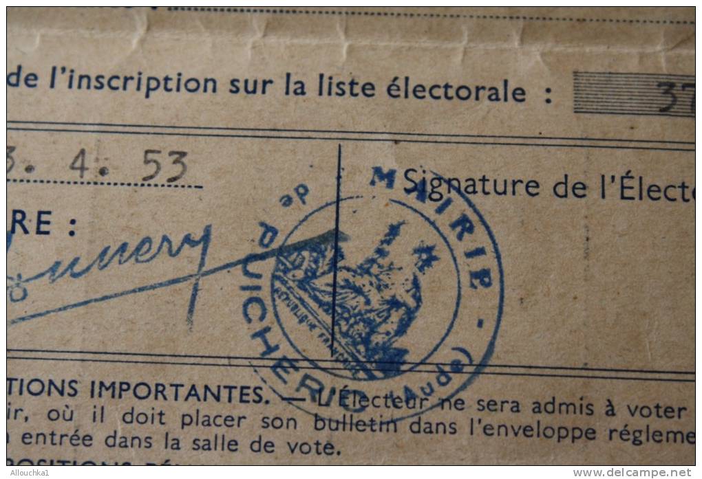 1953 PUICHERIC : AUDE 11 --  CARTE D' ELECTEUR Puichéric  Commune Dans L'Aude  Dans Le Sud De France - Otros & Sin Clasificación