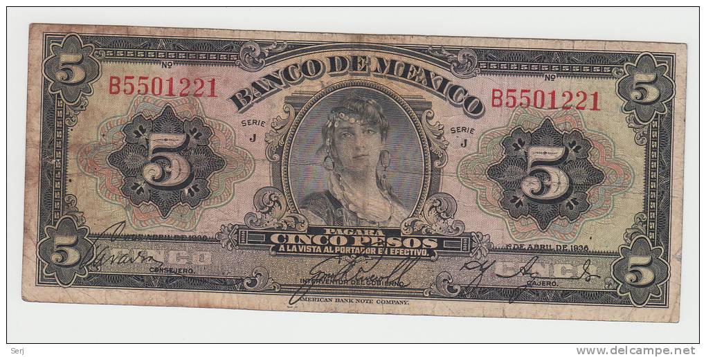 MEXICO 5 Pesos 1936 RARE Serie ""J"" P 29 - México