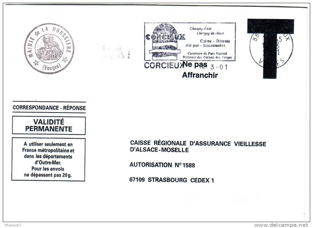 Lettre Enveloppe-Réponse T (Ne Pas Affranchir) Commune De La Houssière Pour La Caisse Viellesse - Karten/Antwortumschläge T