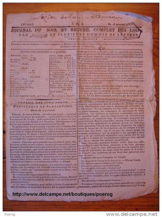 JOURNAL DU SOIR Du 7 AVRIL 1799 - ORDONNANCE ROI DU DANEMARK DENMARK - Tampon 18 GERMINAL AN VII - Zeitungen - Vor 1800