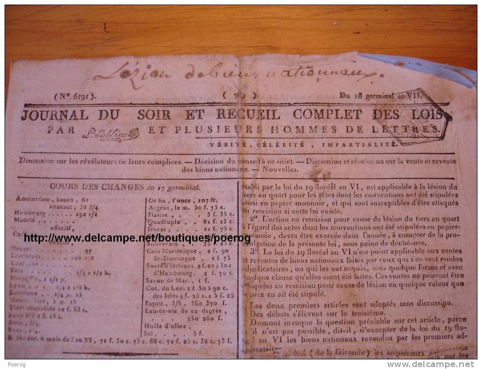 JOURNAL DU SOIR Du 7 AVRIL 1799 - ORDONNANCE ROI DU DANEMARK DENMARK - Tampon 18 GERMINAL AN VII - Zeitungen - Vor 1800