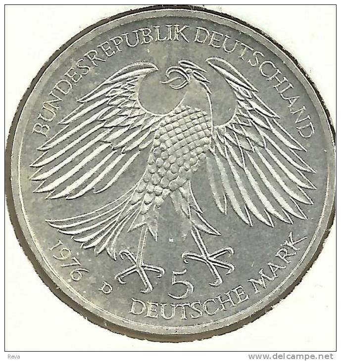 GERMANY 5 MARK EAGLE EMBLEM FRONT HANS CHRISTOPH BACK 1976 D AG SILVER UNC KM144 READ DESCRIPTION CAREFULLY !!! - 5 Mark