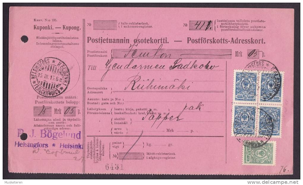 Finland Adresskort Packet Freight Bill Card HELSINKI 1915 To RIIHIMAÄKI Russian Type Stamps Ex. 4-Block (2 Scans) - Lettres & Documents