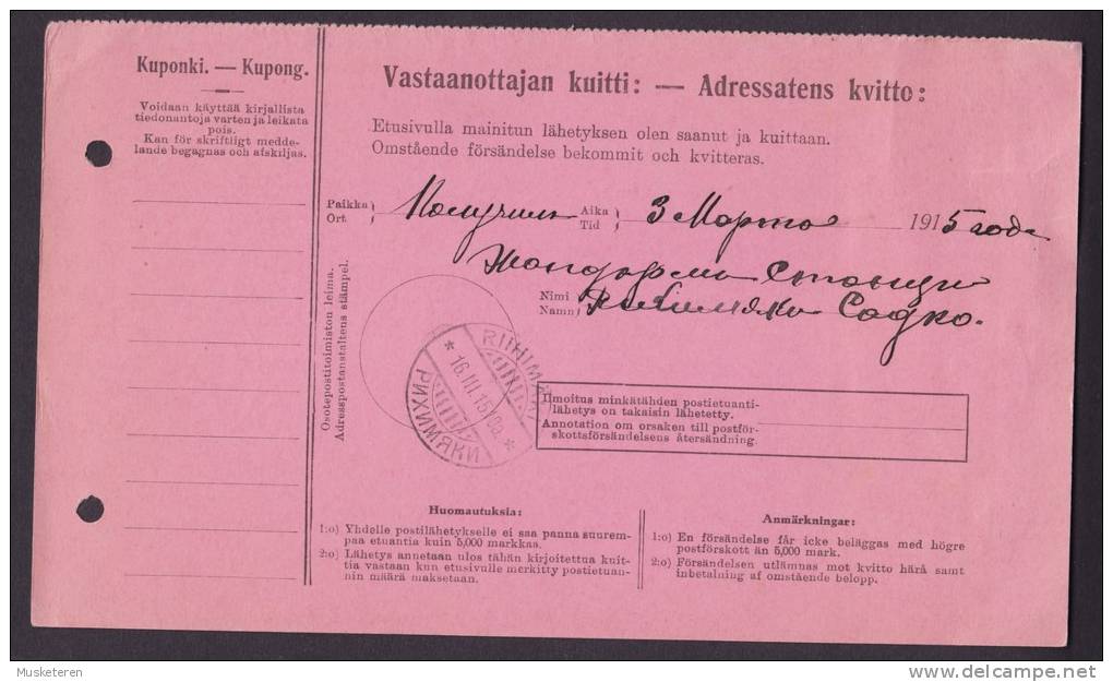 Finland Adresskort Packet Freight Bill Card HELSINKI 1915 To RIIHIMAÄKI Russian Type Stamps Ex. 4-Block (2 Scans) - Brieven En Documenten