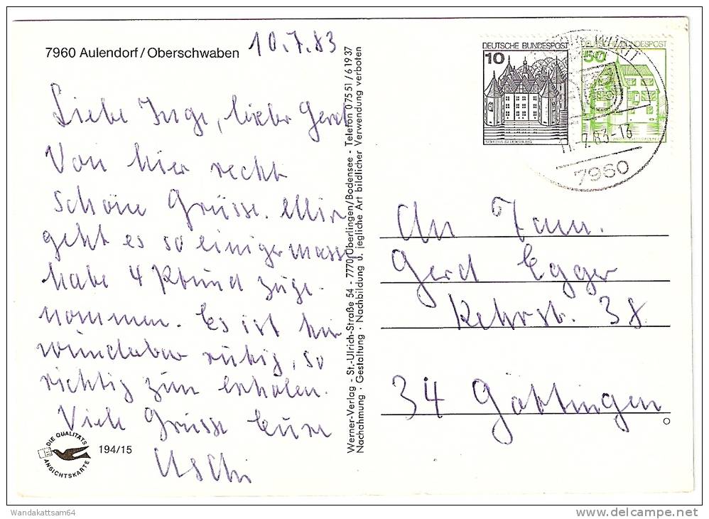 AK 19415 Gruß aus AULENDORF Kneippkurort Mehrbild 8 Bilder 11.-7.83-13 7960 AULENDORF WÜRTT nach Göttingen